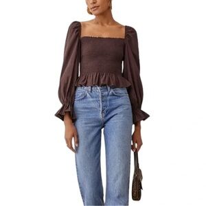Reformation Darby Top in Cafe Long Sleeve Cropper Smocked Blouse size M